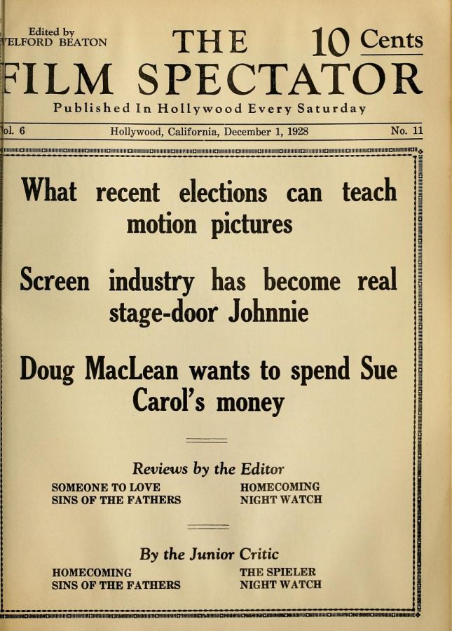 FILM SPECTATOR magazine side cover 1 December 1928