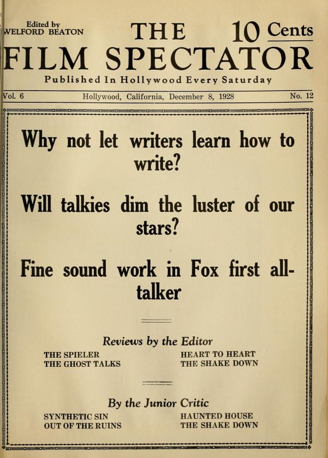 FILM SPECTATOR magazine side cover 8 December 1928
