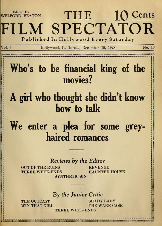 FILM SPECTATOR magazine side cover 15 December 1928