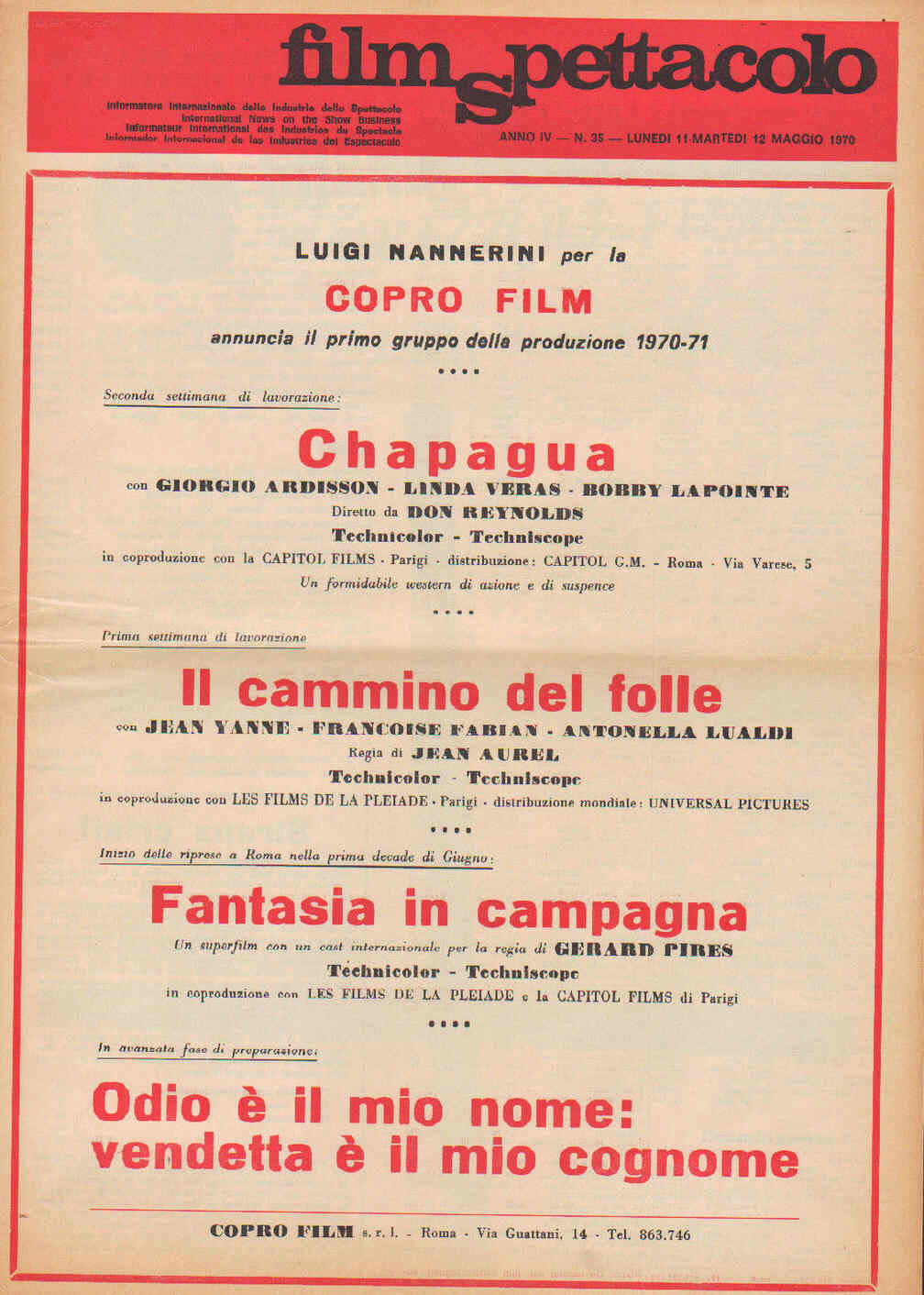 FILM SPETTACOLO magazine side cover Issue 35 12 May 1970