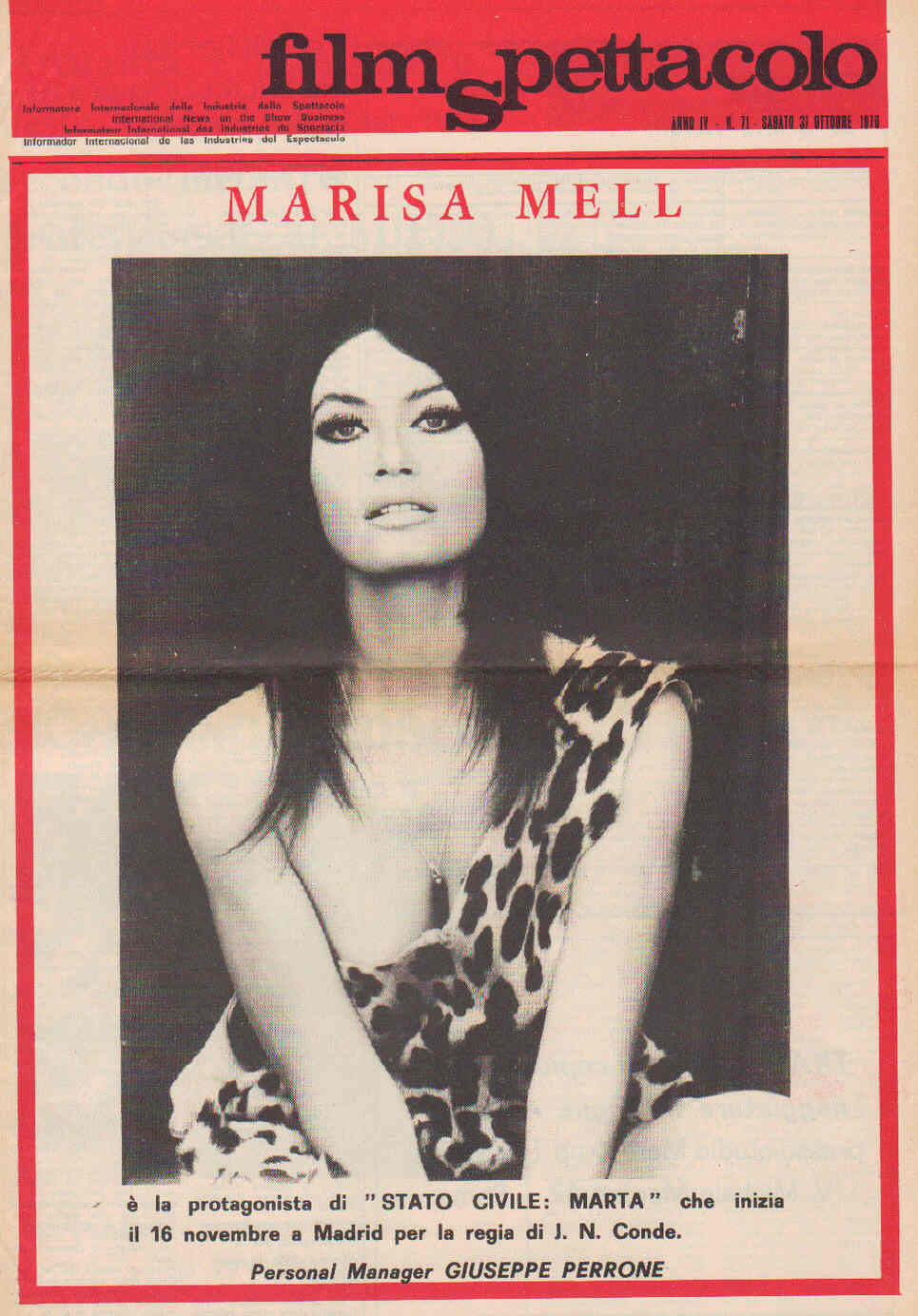 FILM SPETTACOLO magazine side cover Issue 71 31 October 1970