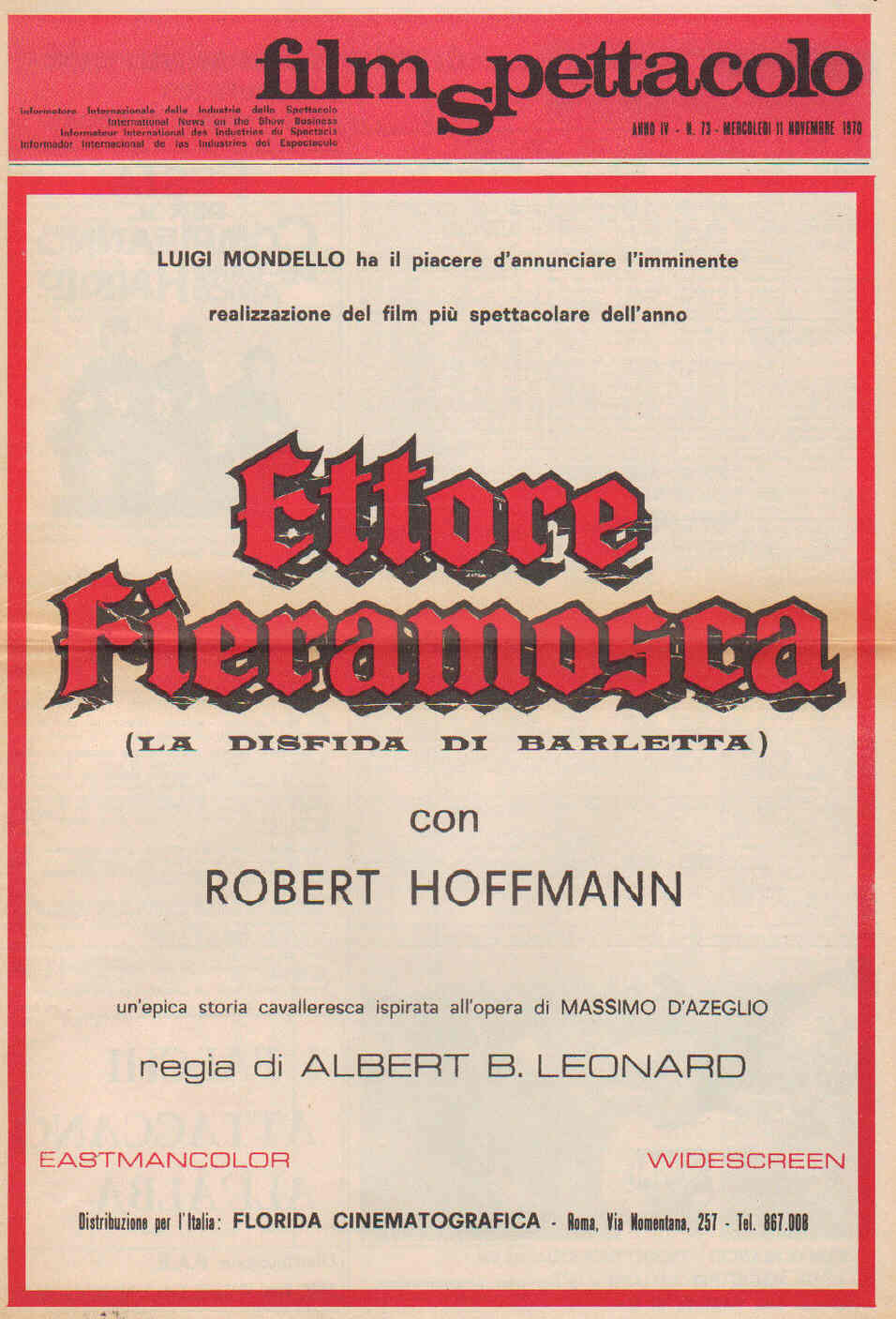 FILM SPETTACOLO magazine side cover Issue 73 11 November 1970