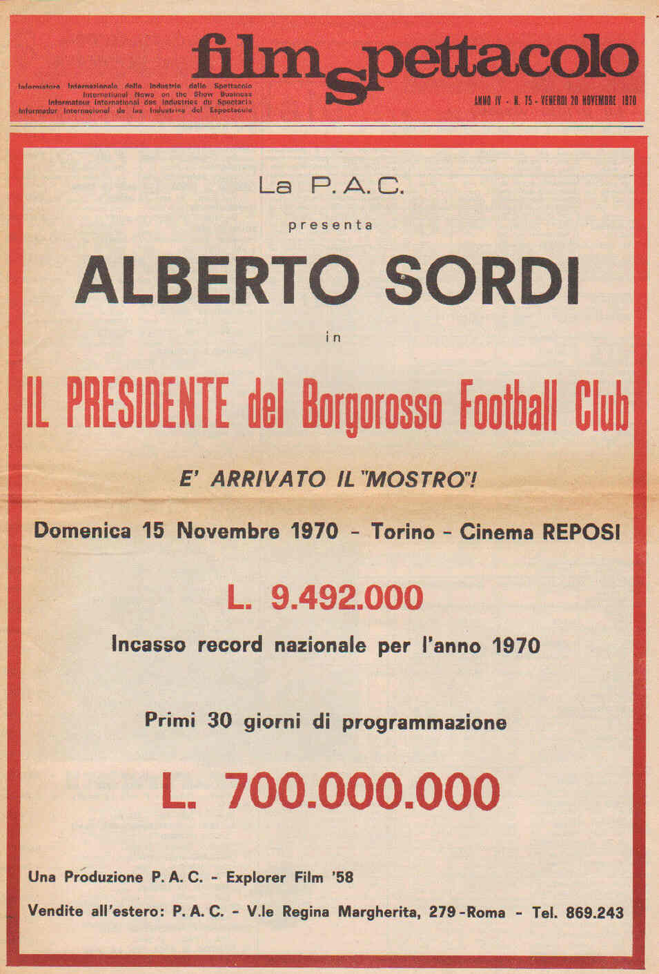 FILM SPETTACOLO magazine side cover Issue 75 20 November 1970