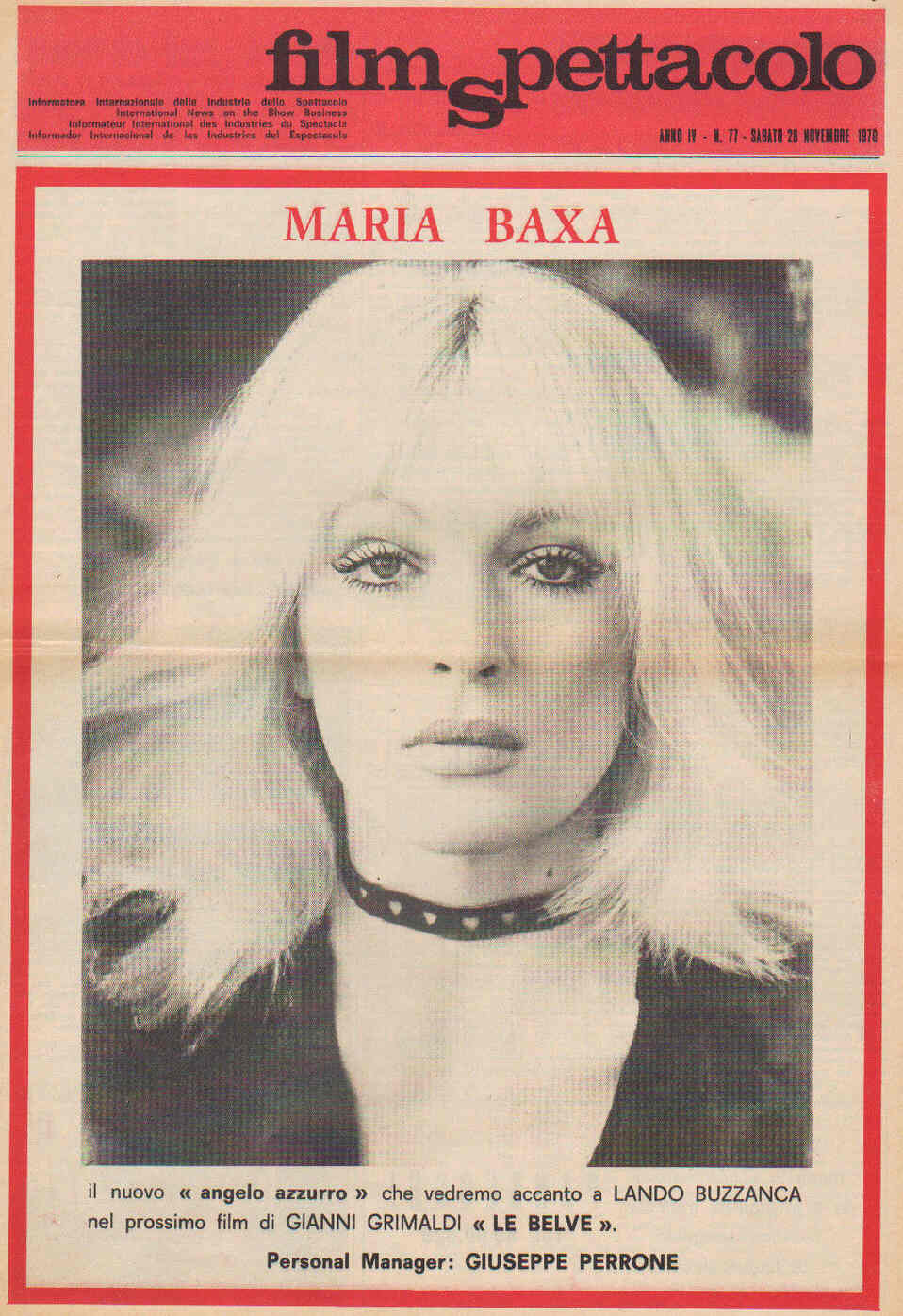 FILM SPETTACOLO magazine side cover Issue 77 28 November 1970