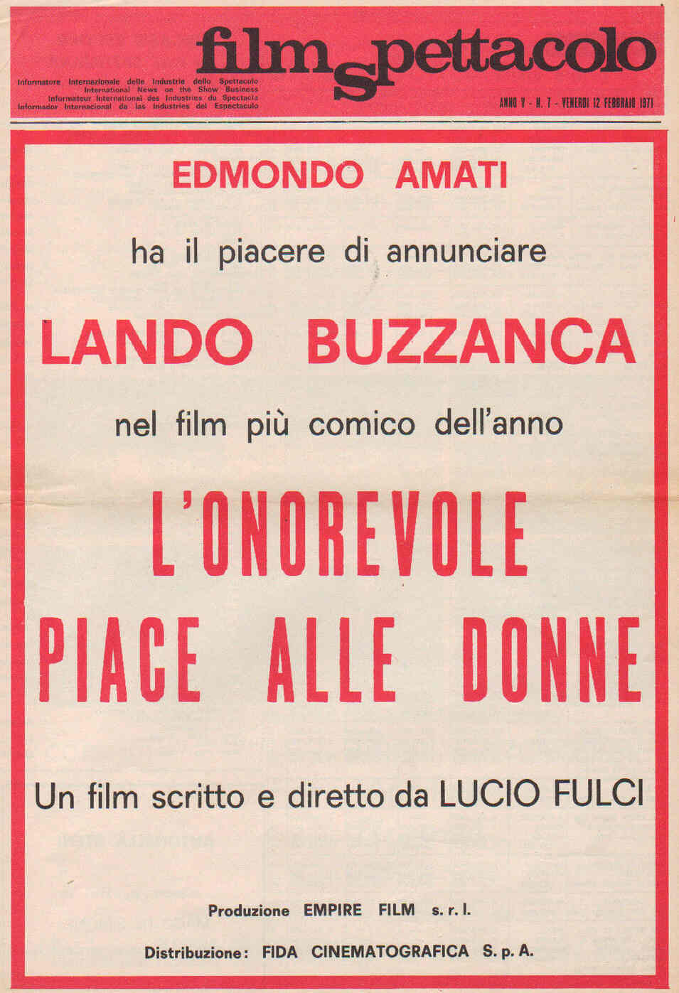 FILM SPETTACOLO magazine side cover Issue 7 12 February 1971