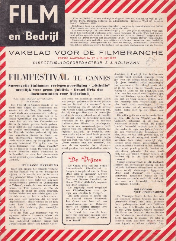 FILM EN BEDRIJF magazine side cover Issue 27 16 May 1952