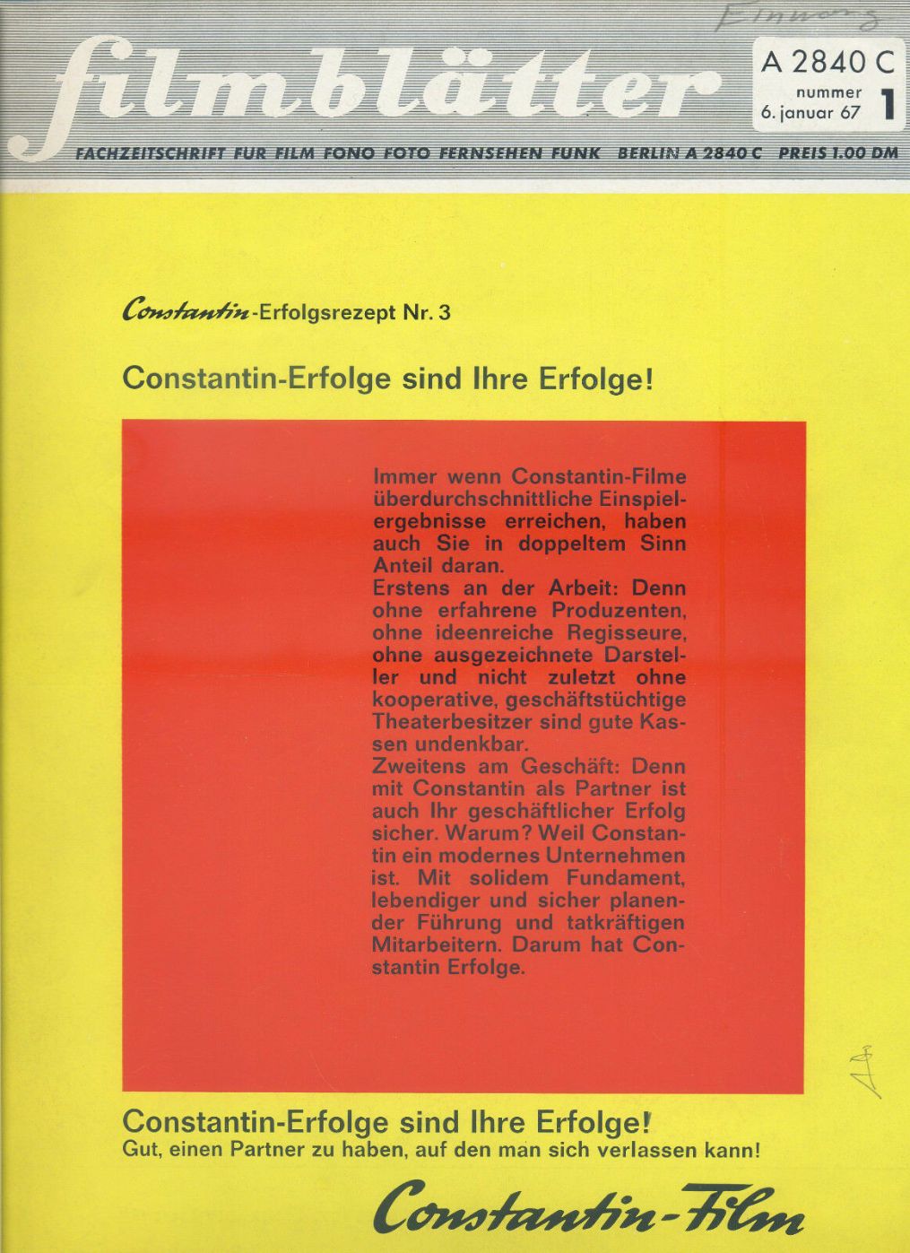 FILMBLATTER magazine side cover Issue 1 6 January 1967