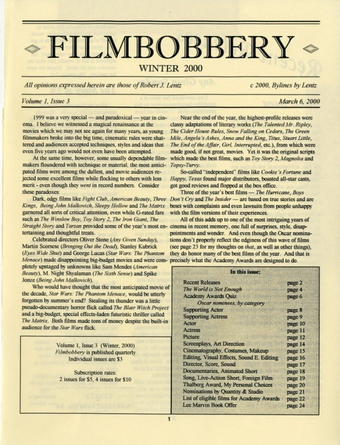 FILMBOBBERY magazine side cover 6 March 2000