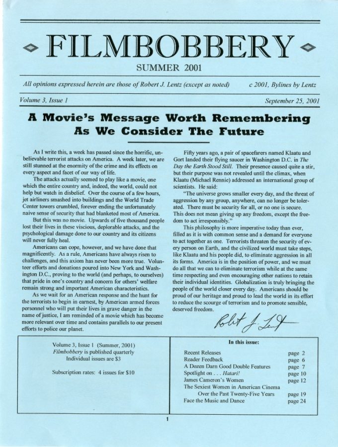 FILMBOBBERY magazine side cover 25 September 2001