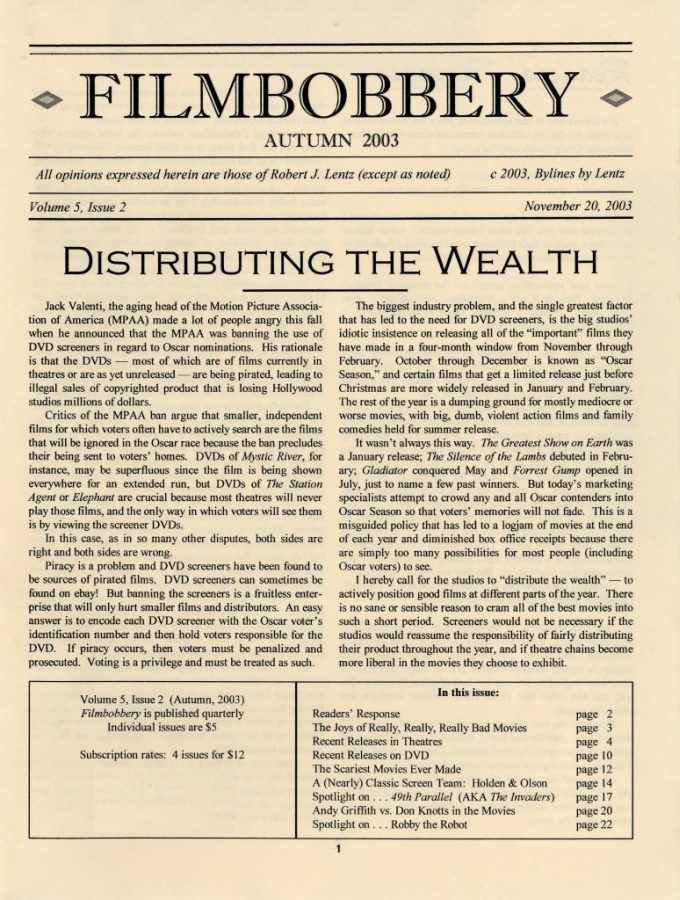 FILMBOBBERY magazine side cover 20 November 2003