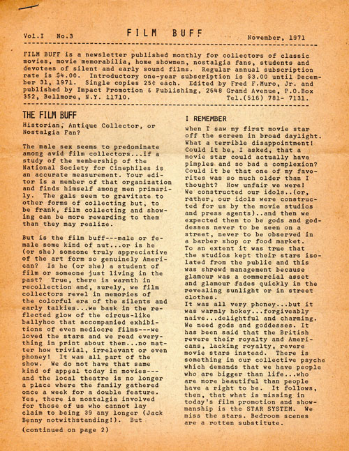 FILM BUFF magazine side cover  Vol 1 No  3  November 1971