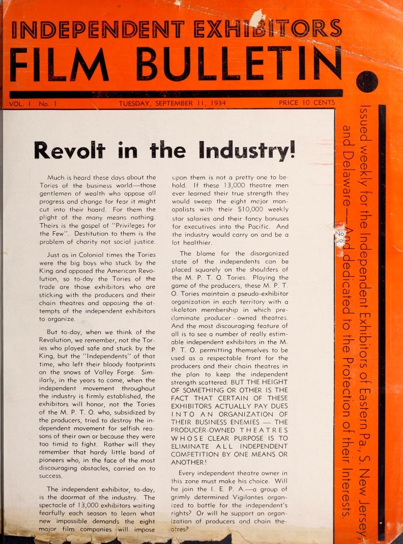FILM BULLETIN magazine side cover  Vol 1 No  1 11 September 1934