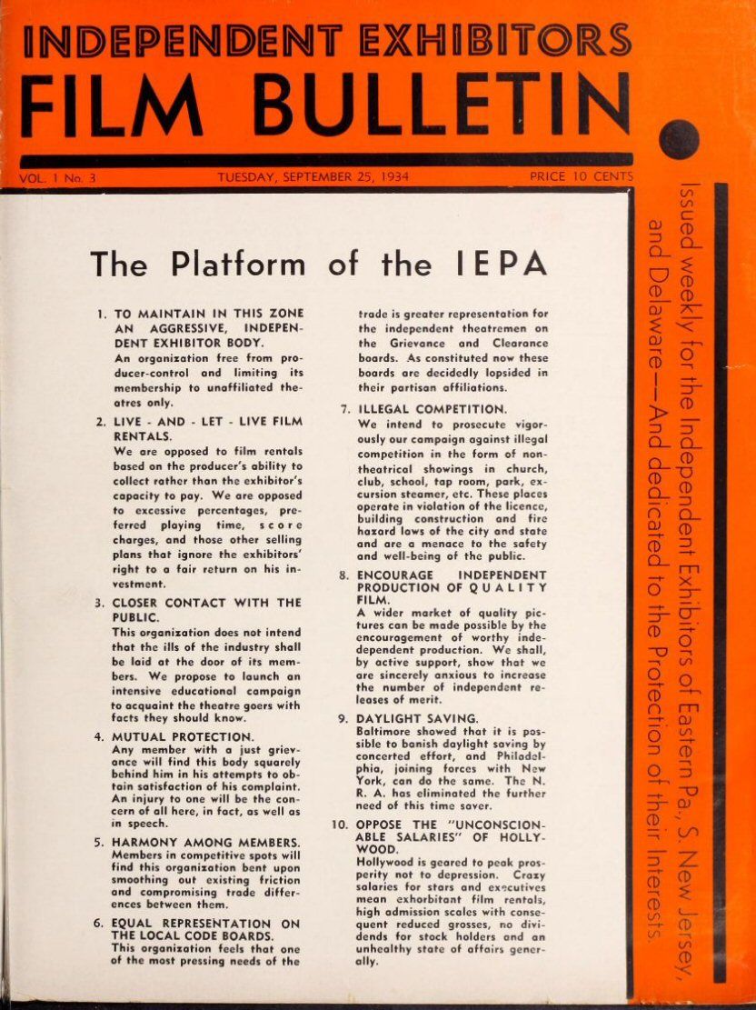 FILM BULLETIN magazine side cover  Vol 1 No  3 25 September 1934