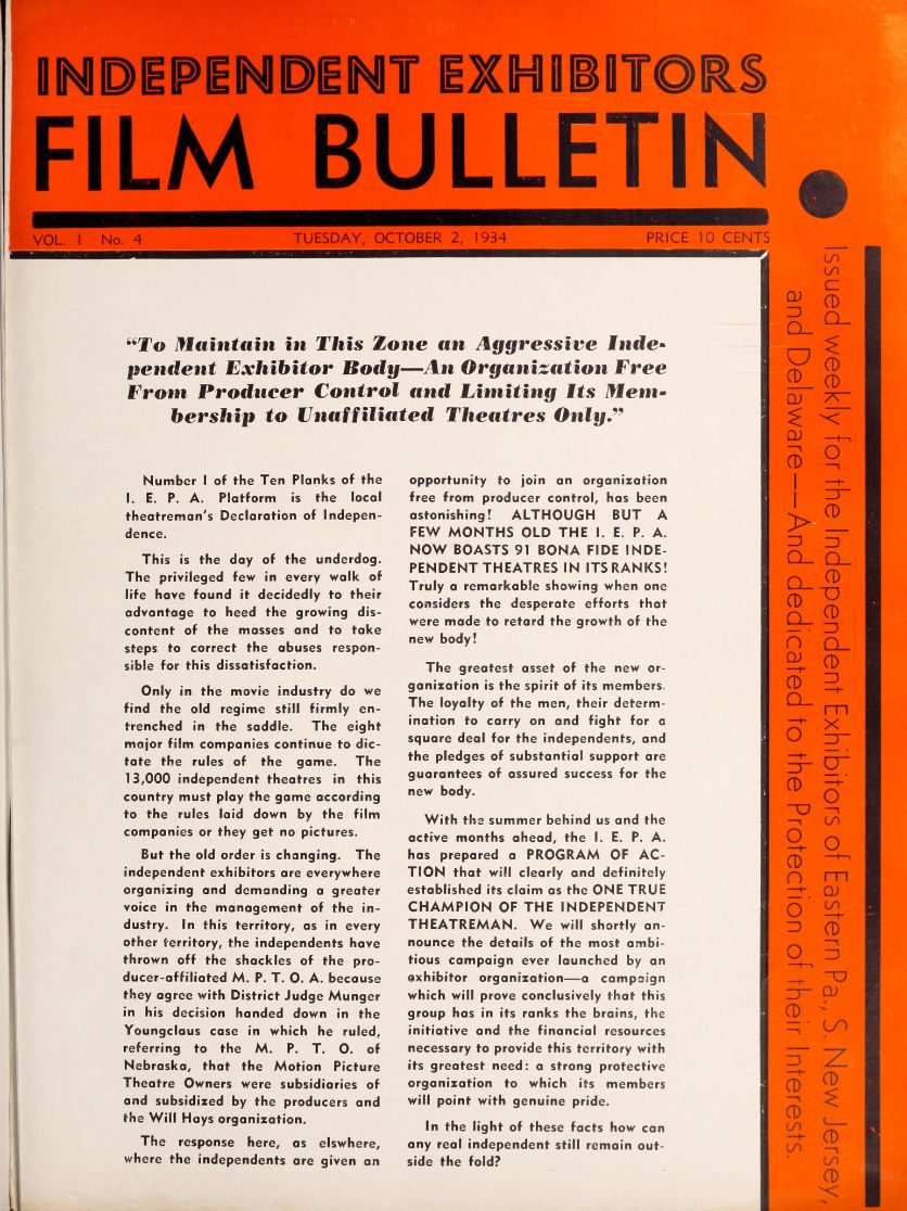 FILM BULLETIN magazine side cover  Vol 1 No  4 2 October 1934