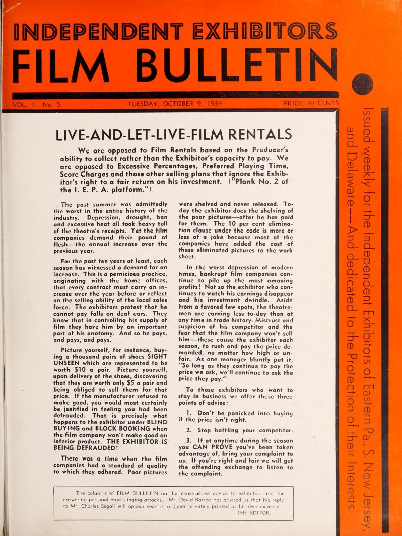 FILM BULLETIN magazine side cover  Vol 1 No  5 9 October 1934