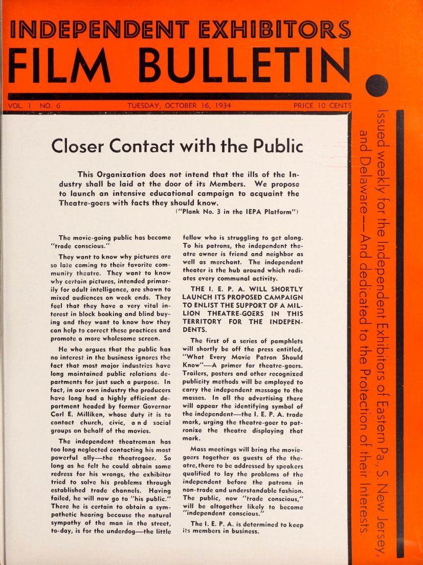 FILM BULLETIN magazine side cover  Vol 1 No  6 16 October 1934