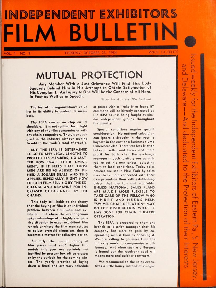 FILM BULLETIN magazine side cover  Vol 1 No  7 23 October 1934