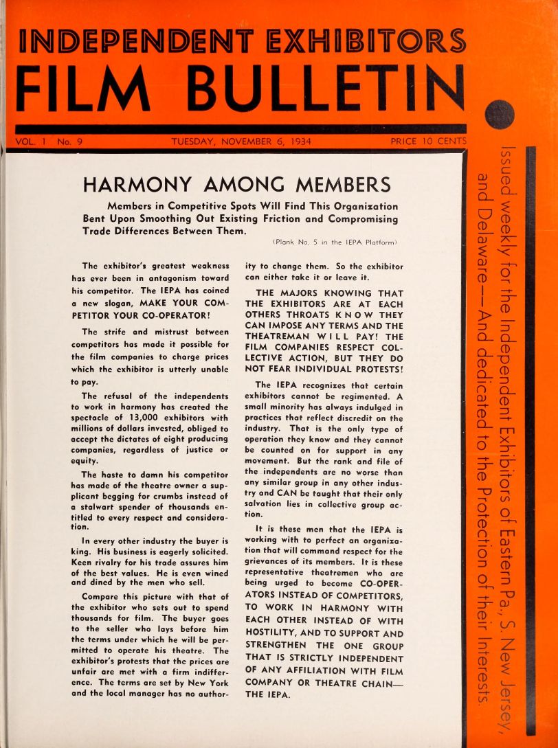 FILM BULLETIN magazine side cover  Vol 1 No  9 6 November 1934