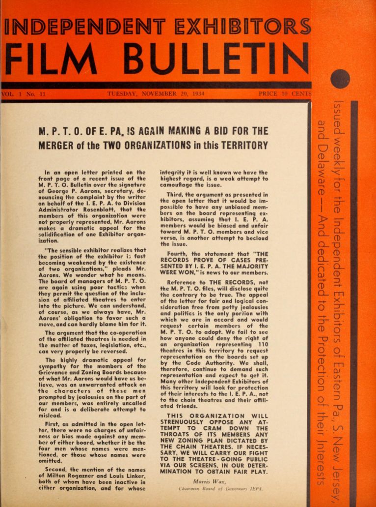FILM BULLETIN magazine side cover  Vol 1 No  11 20 November 1934