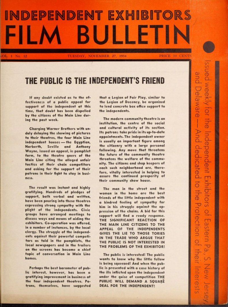 FILM BULLETIN magazine side cover  Vol 1 No  12 27 November 1934