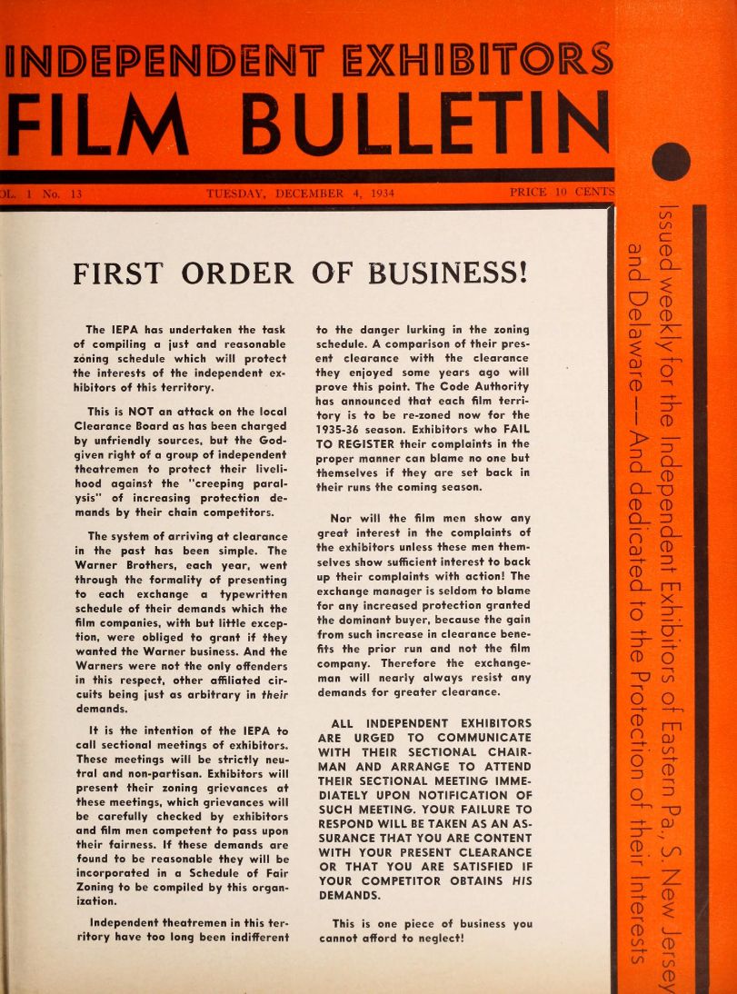 FILM BULLETIN magazine side cover  Vol 1 No  13 4 December 1934