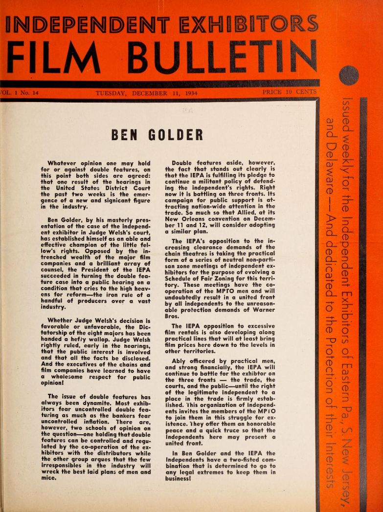 FILM BULLETIN magazine side cover  Vol 1 No  14 11 December 1934