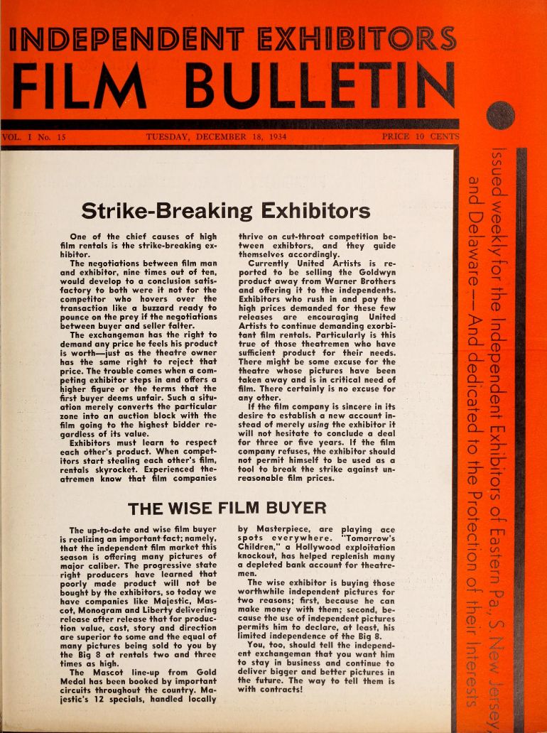 FILM BULLETIN magazine side cover  Vol 1 No  15 18 December 1934