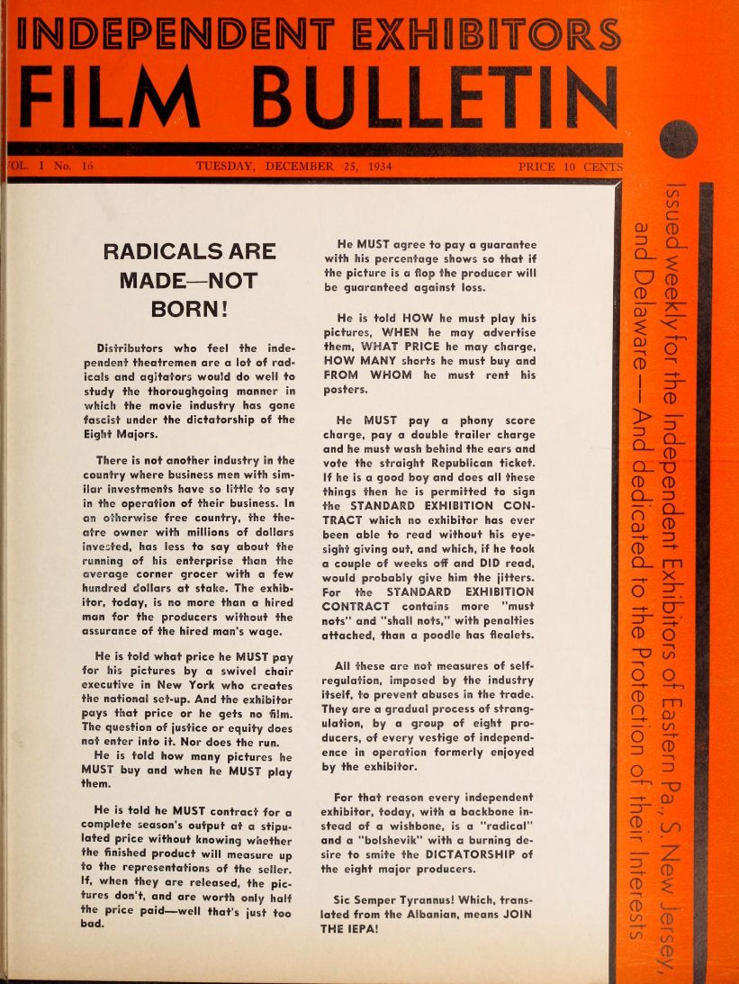 FILM BULLETIN magazine side cover  Vol 1 No  16 25 December 1934