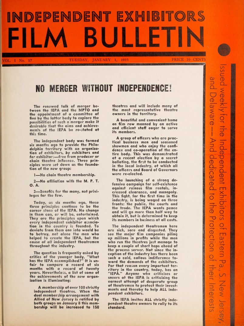 FILM BULLETIN magazine side cover  Vol 1 No  17 1 January 1935