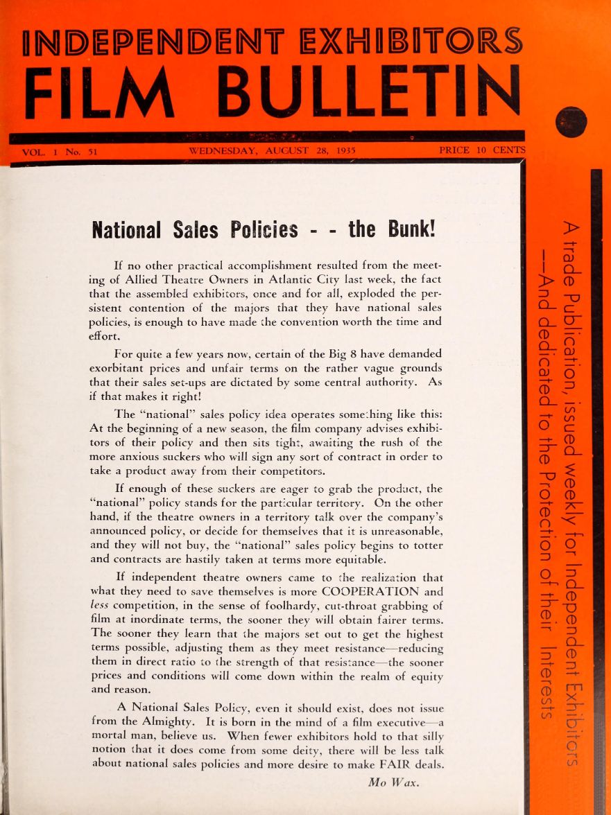 FILM BULLETIN magazine side cover  Vol 1 No  51 28 August 1935