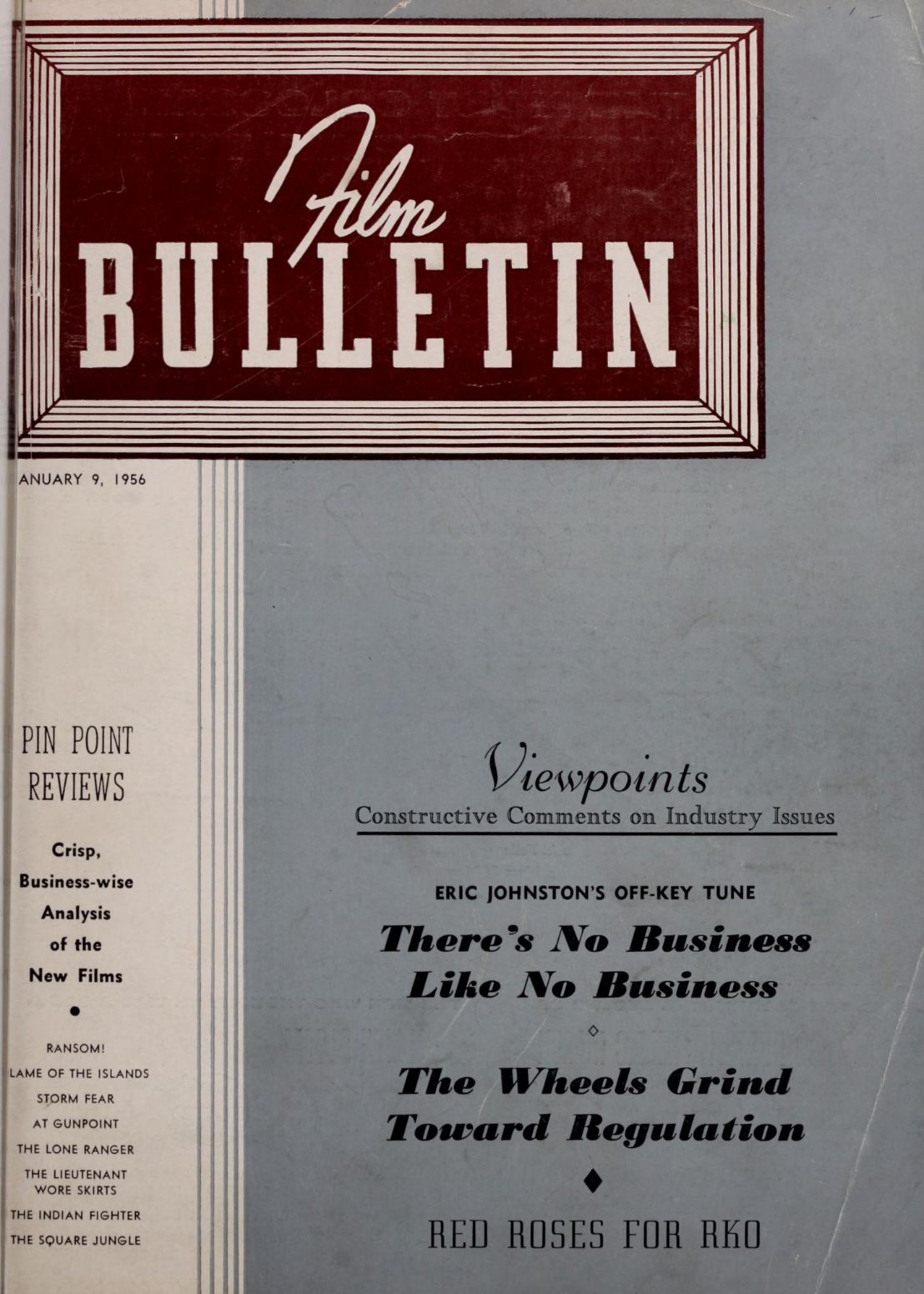 FILM BULLETIN magazine side cover 9 January 1956