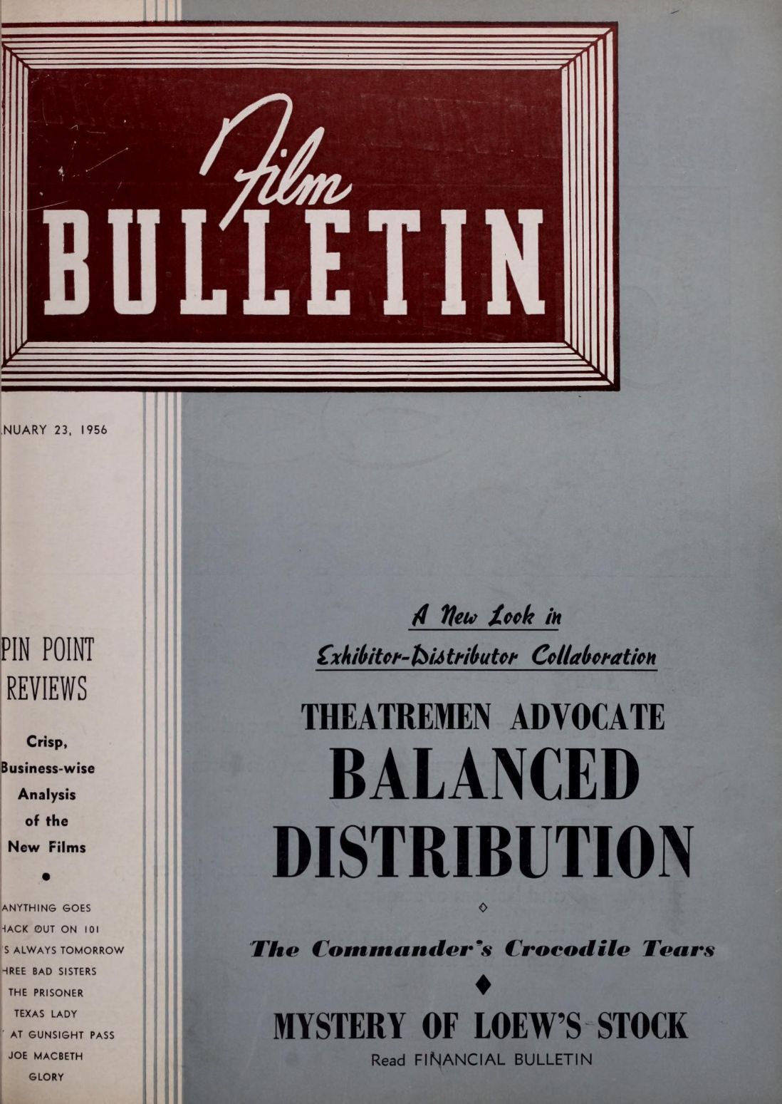 FILM BULLETIN magazine side cover 23 January 1956