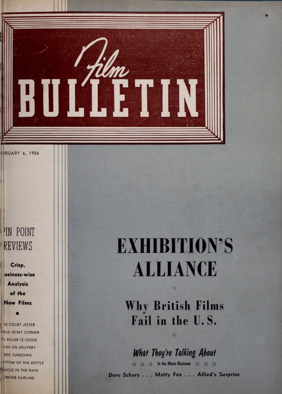 FILM BULLETIN magazine side cover 6 February 1956