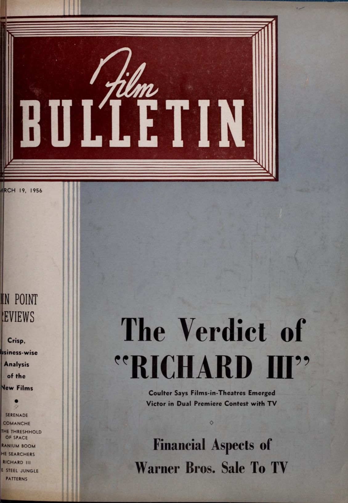 FILM BULLETIN magazine side cover 19 March 1956