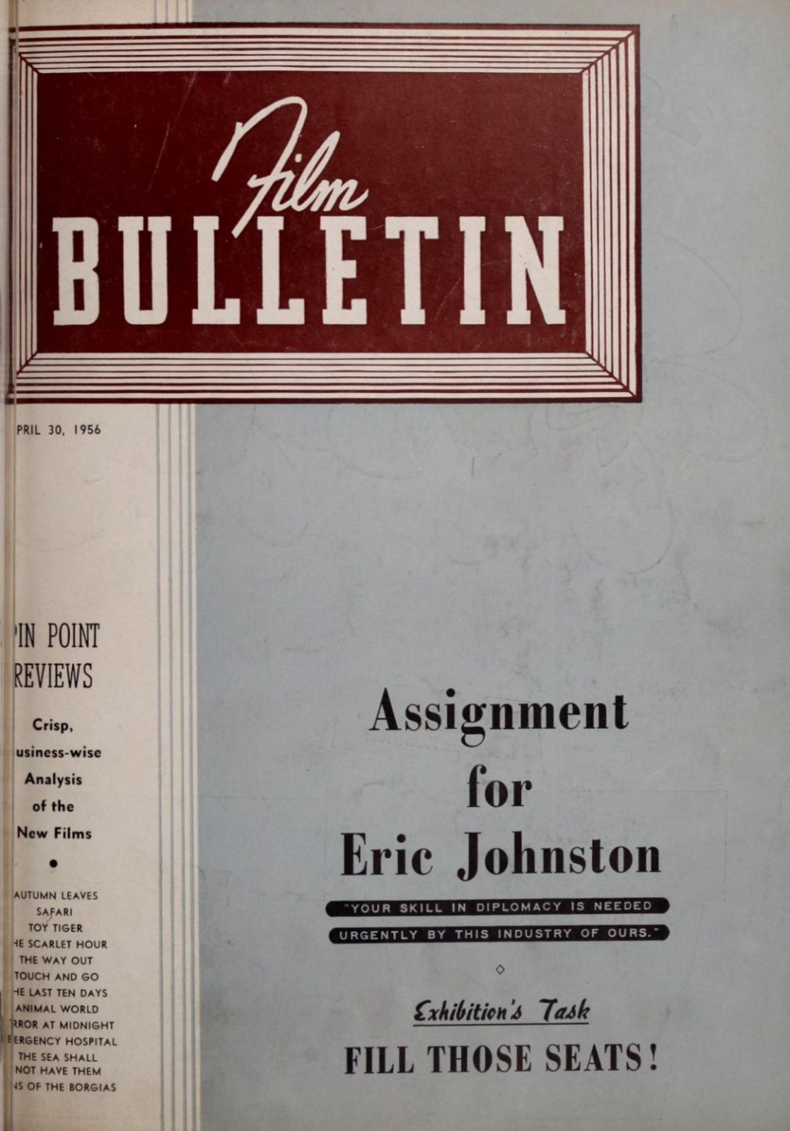 FILM BULLETIN magazine side cover 30 April 1956