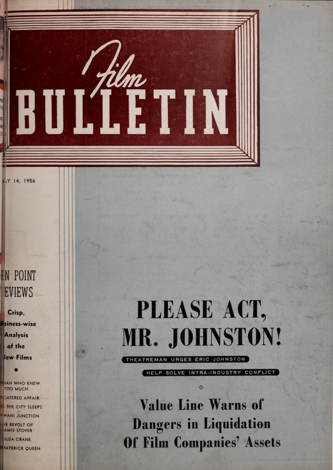 FILM BULLETIN magazine side cover 14 May 1956