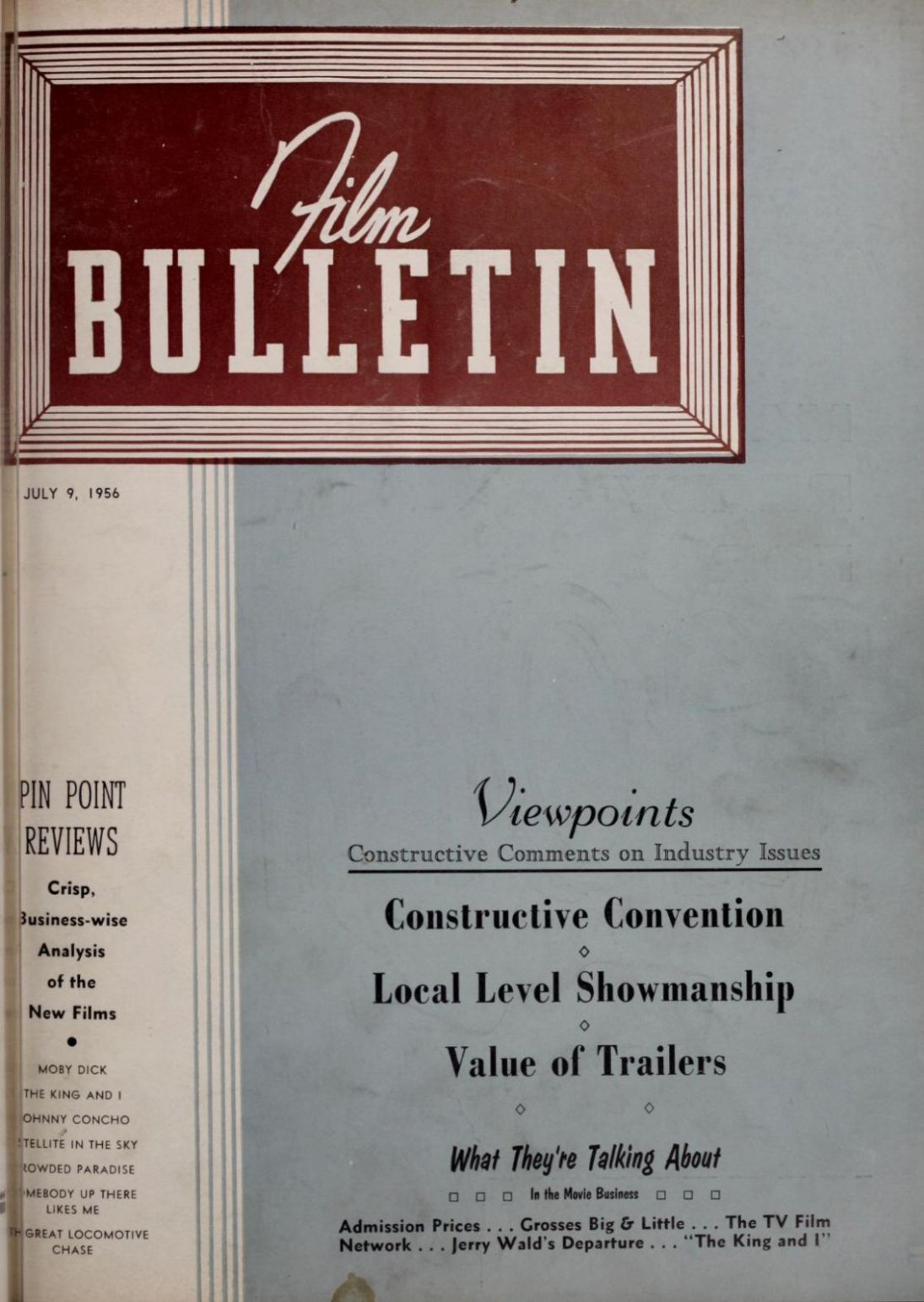 FILM BULLETIN magazine side cover 9 July 1956