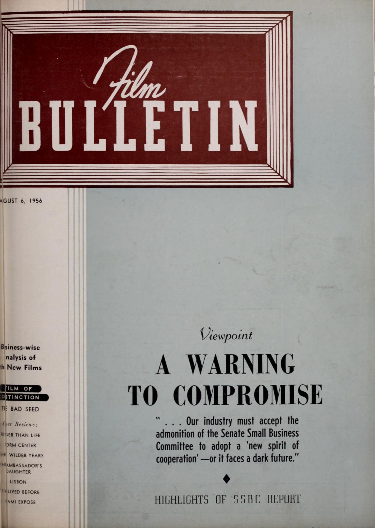 FILM BULLETIN magazine side cover 6 August 1956