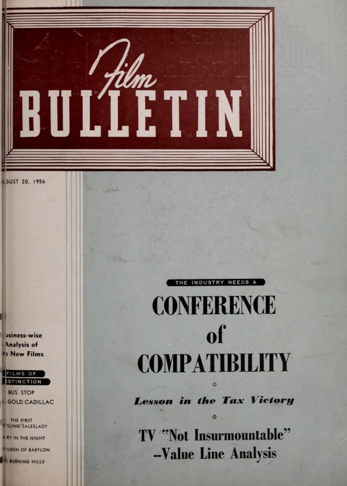 FILM BULLETIN magazine side cover 20 August 1956