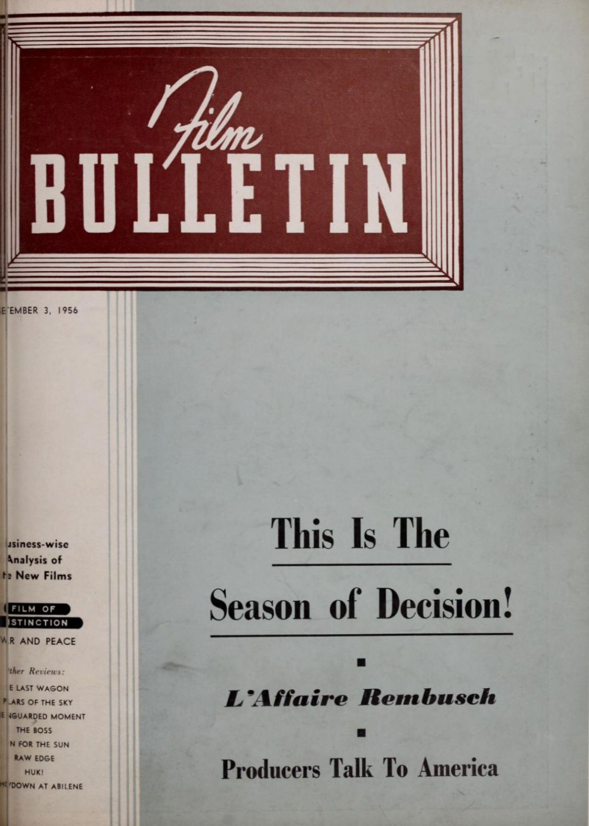 FILM BULLETIN magazine side cover 3 September 1956