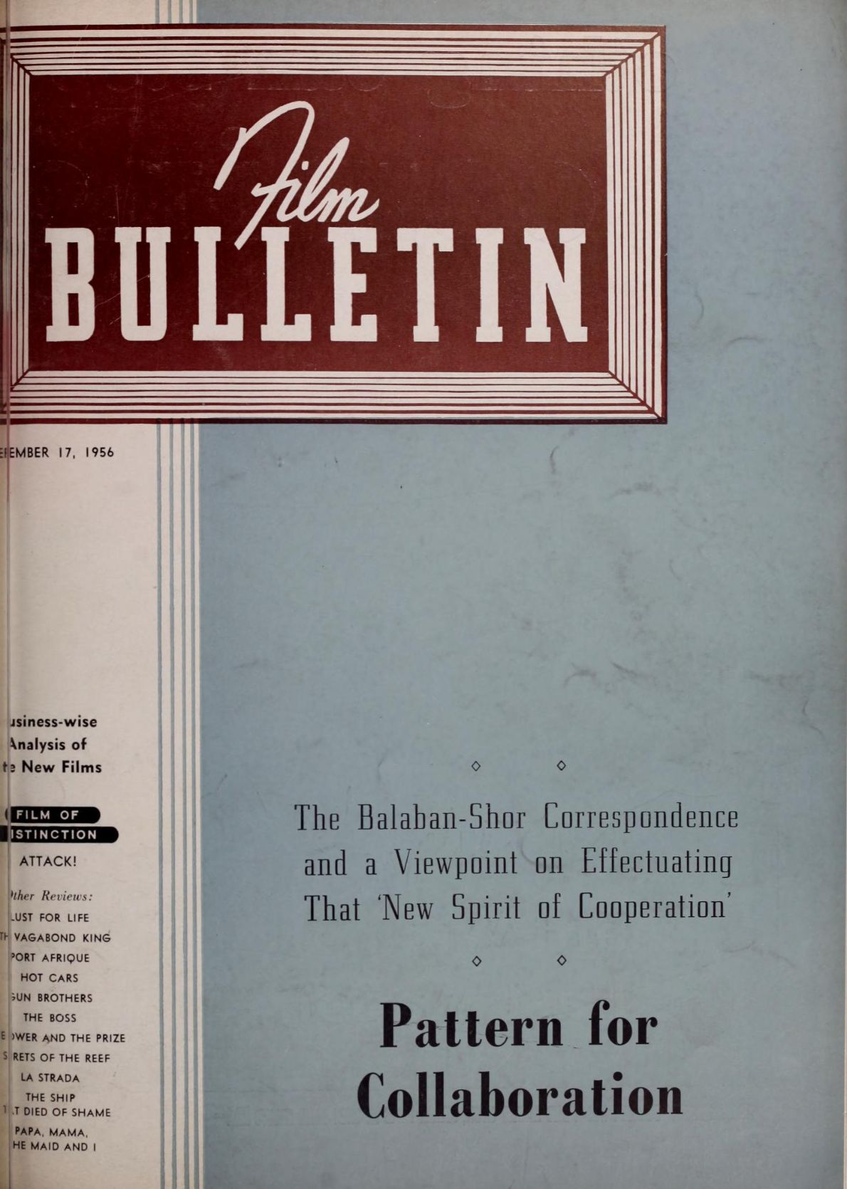 FILM BULLETIN magazine side cover 17 September 1956