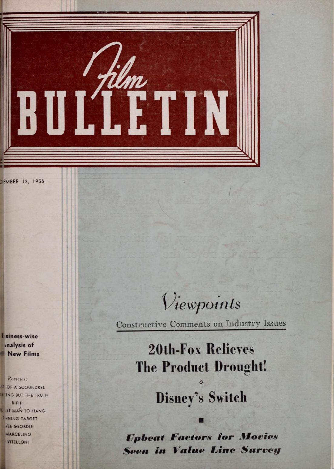 FILM BULLETIN magazine side cover 12 November 1956