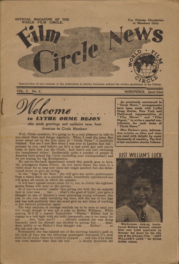 FILM CIRCLE NEWS magazine side cover Issue 3  1948