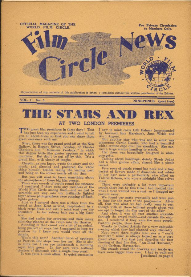 FILM CIRCLE NEWS magazine side cover Issue 5  1948