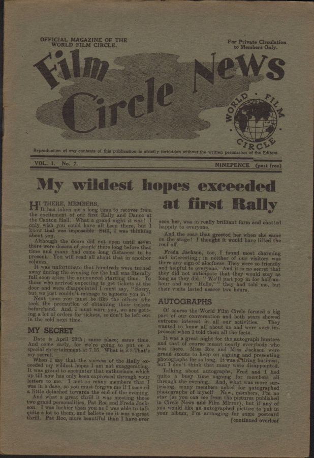 FILM CIRCLE NEWS magazine side cover Issue 7  1948