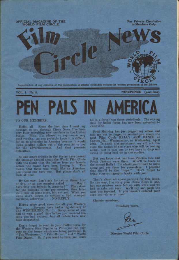 FILM CIRCLE NEWS magazine side cover Issue 8  1948
