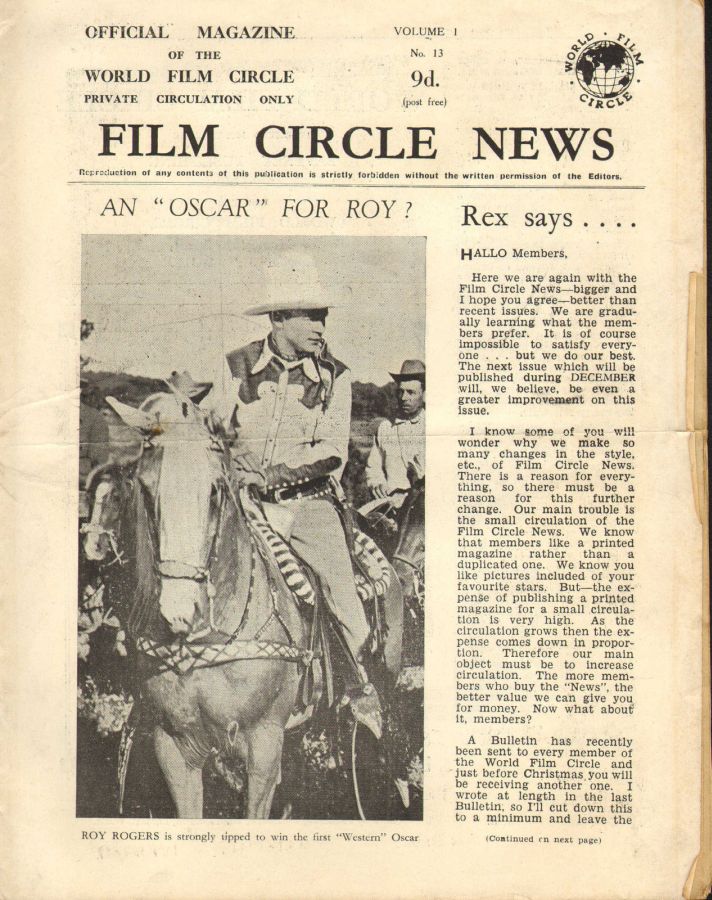 FILM CIRCLE NEWS magazine side cover Issue 13  1949