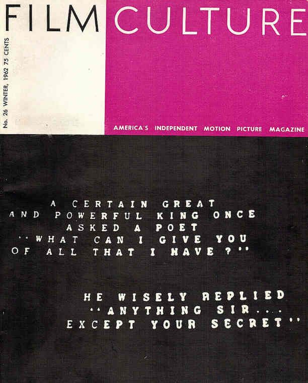 FILM CULTURE magazine side cover Issue 26 Fall 1962