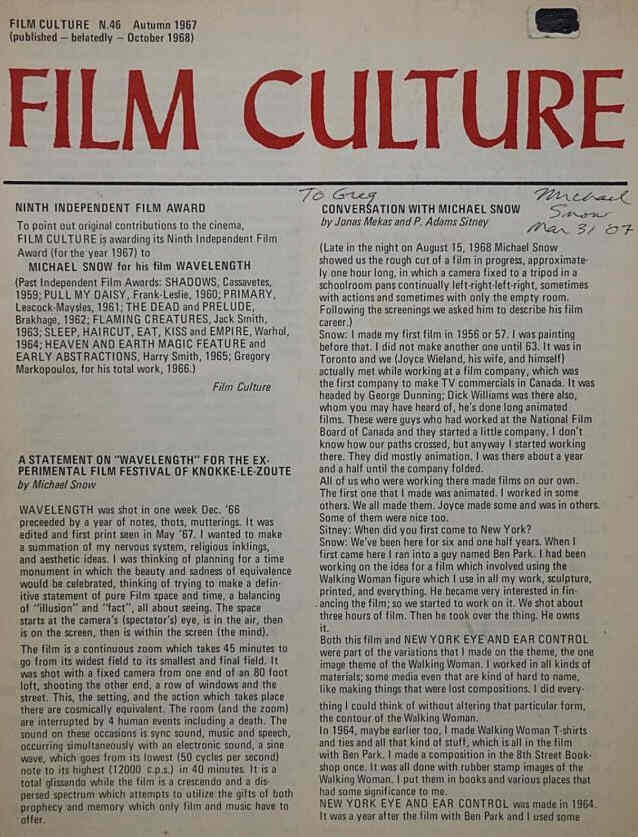 FILM CULTURE magazine side cover Issue 46 October 1968