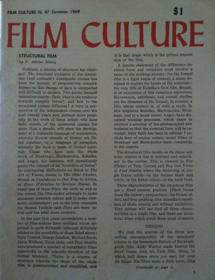 FILM CULTURE magazine side cover Issue 47 Summer 1969